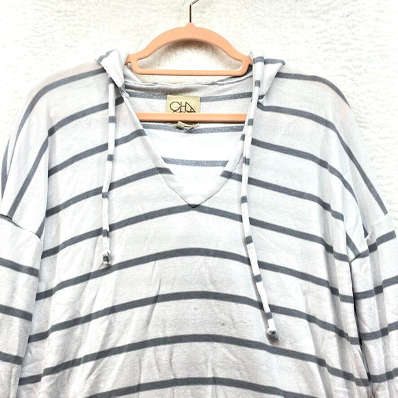 Chaser Womens Hoodie Large Gray White Striped Pullover Knit Athletic Stretch - Picture 4 of 12